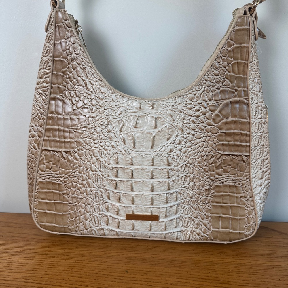 Beige Croc Embossed Faux Leather Hobo Shoulder‎ Bag Handbag Zip Closure - Picture 2 of 13